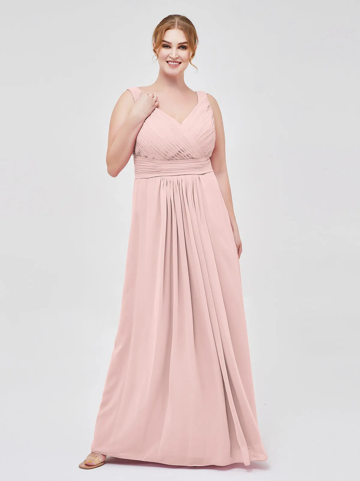 A-line Chiffon Floor Length V Neck Dresses Dusty Rose Plus Size