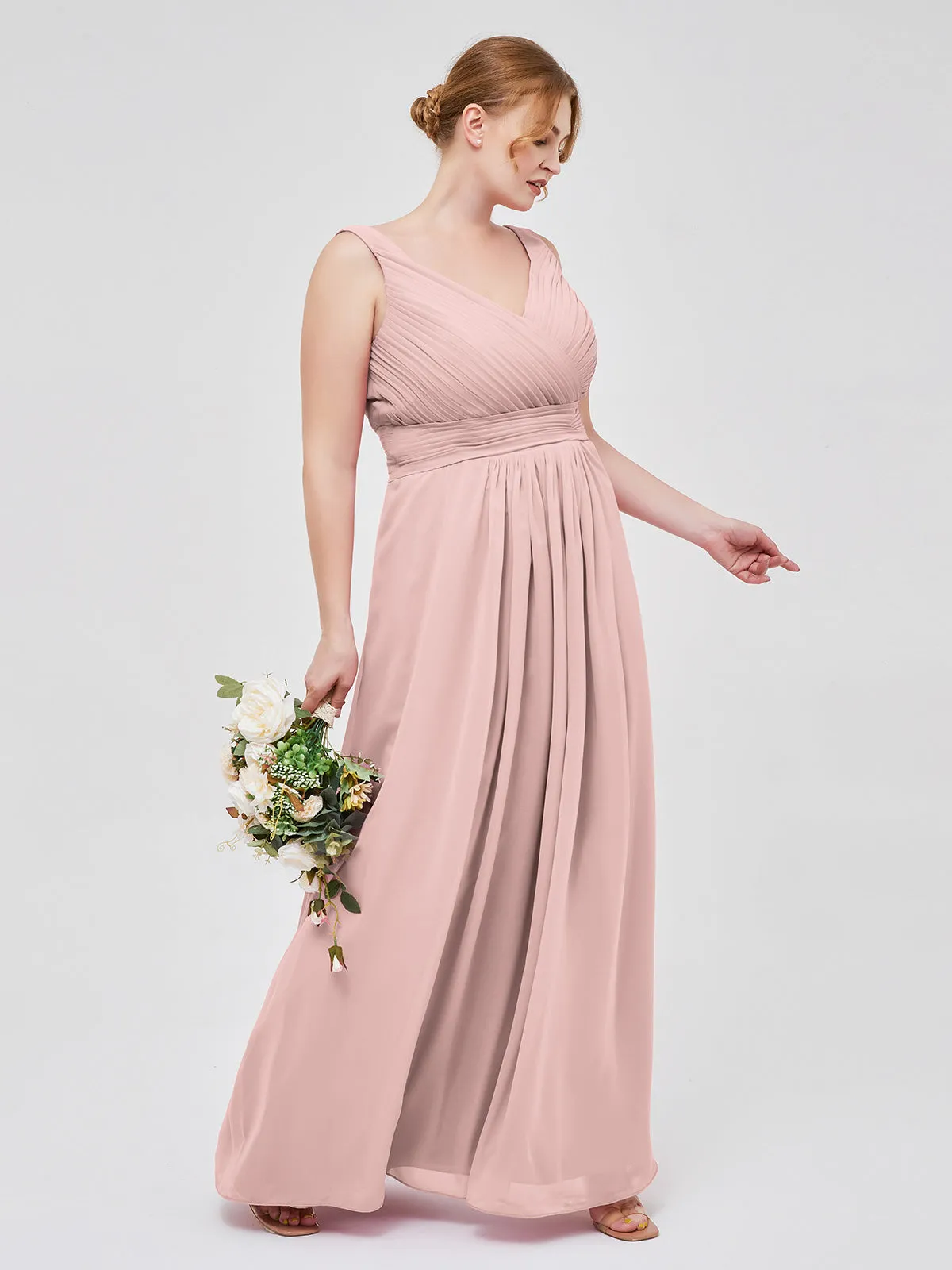 A-line Chiffon Floor Length V Neck Dresses Dusty Rose Plus Size