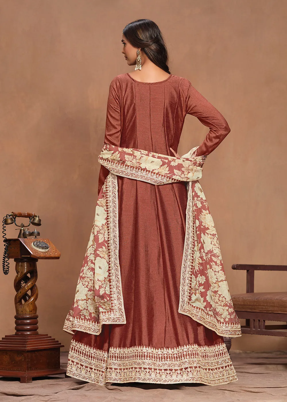 Art Silk Rusty Embroidered Wedding Anarkali Gown