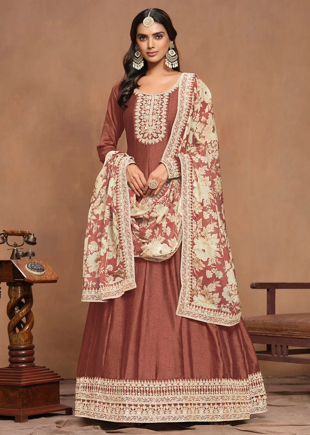 Art Silk Rusty Embroidered Wedding Anarkali Gown