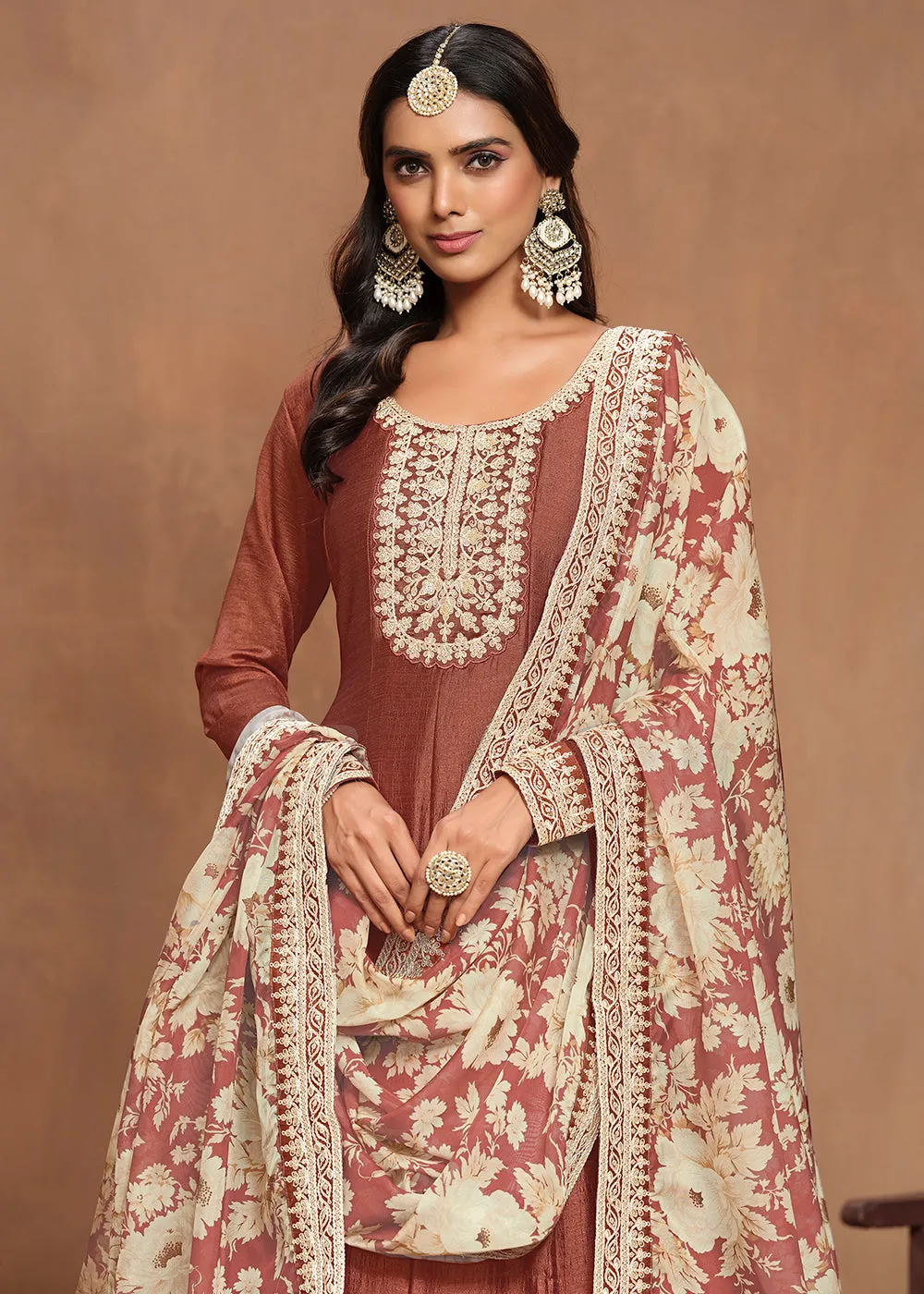 Art Silk Rusty Embroidered Wedding Anarkali Gown