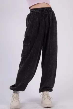 Black Washed Woven Crinkle Gauze Drawstring Pants