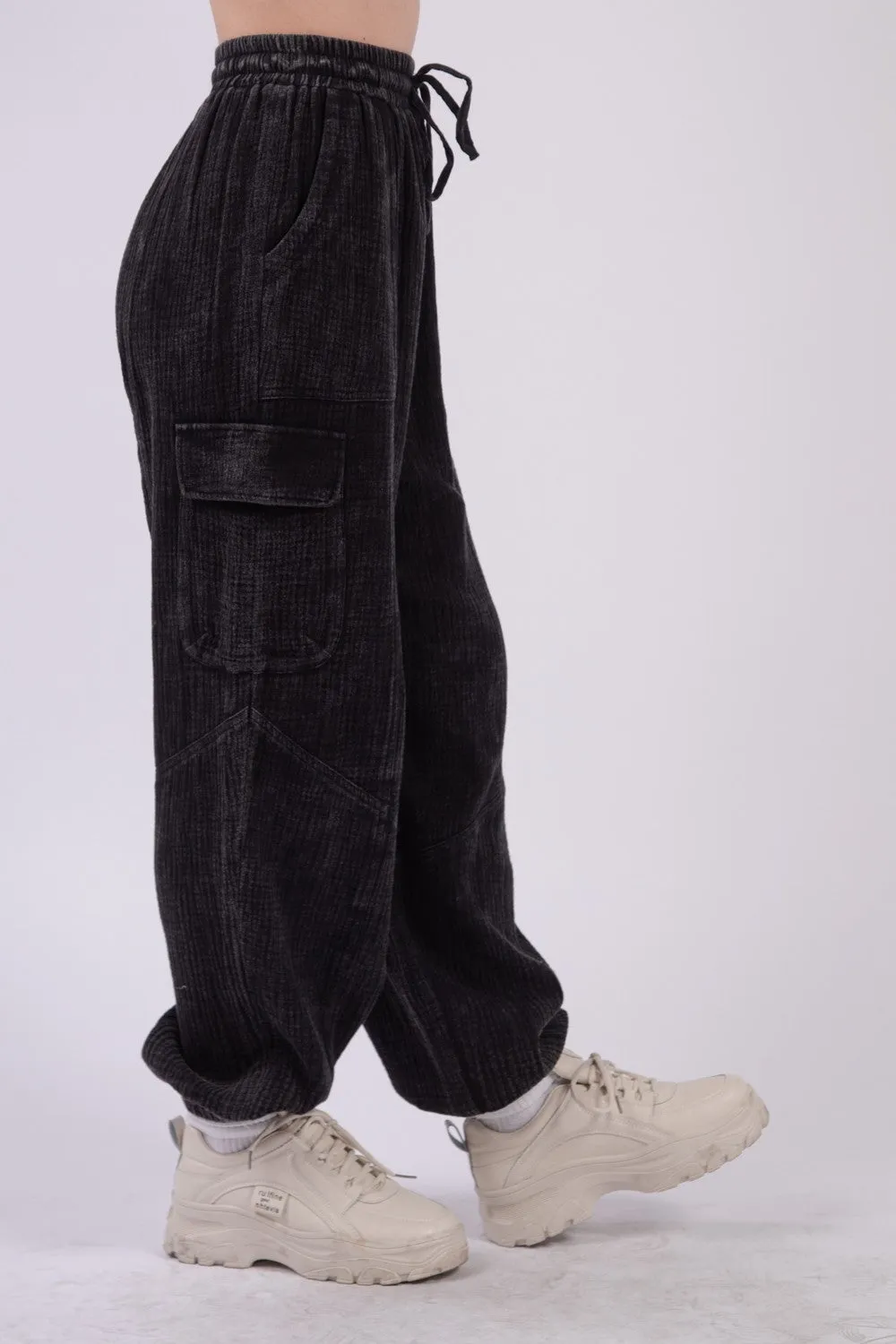 Black Washed Woven Crinkle Gauze Drawstring Pants