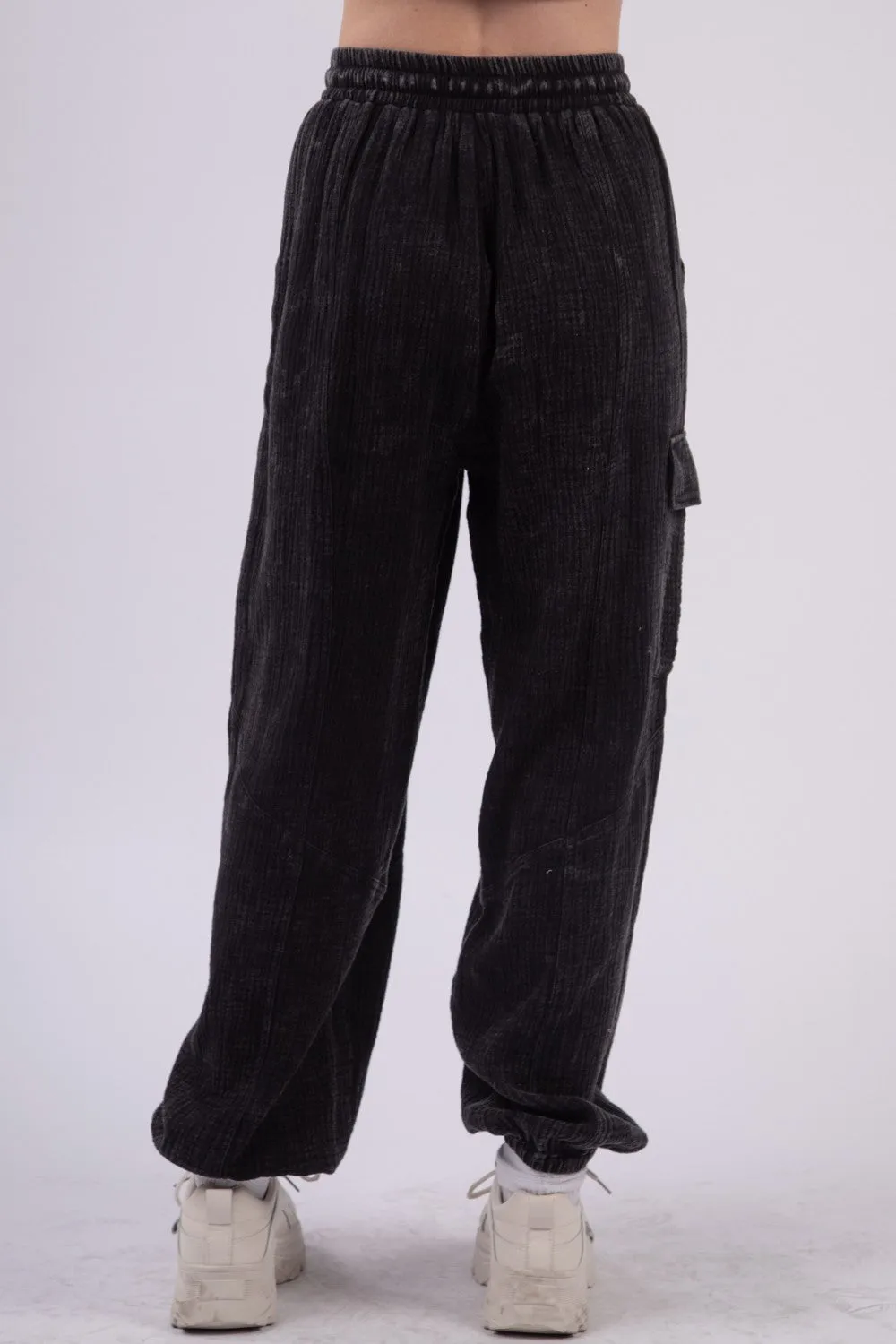 Black Washed Woven Crinkle Gauze Drawstring Pants