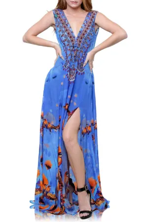 Blue Floral Print Flowy Maxi Dress