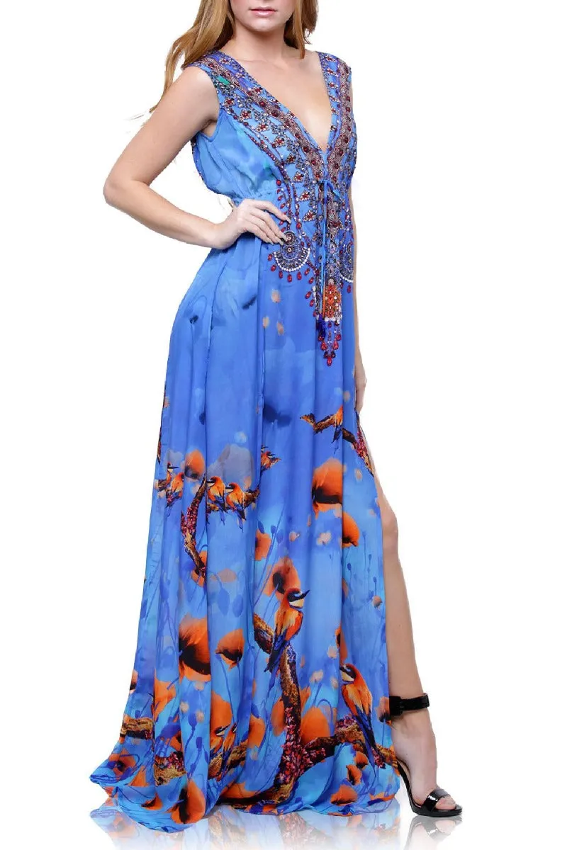 Blue Floral Print Flowy Maxi Dress