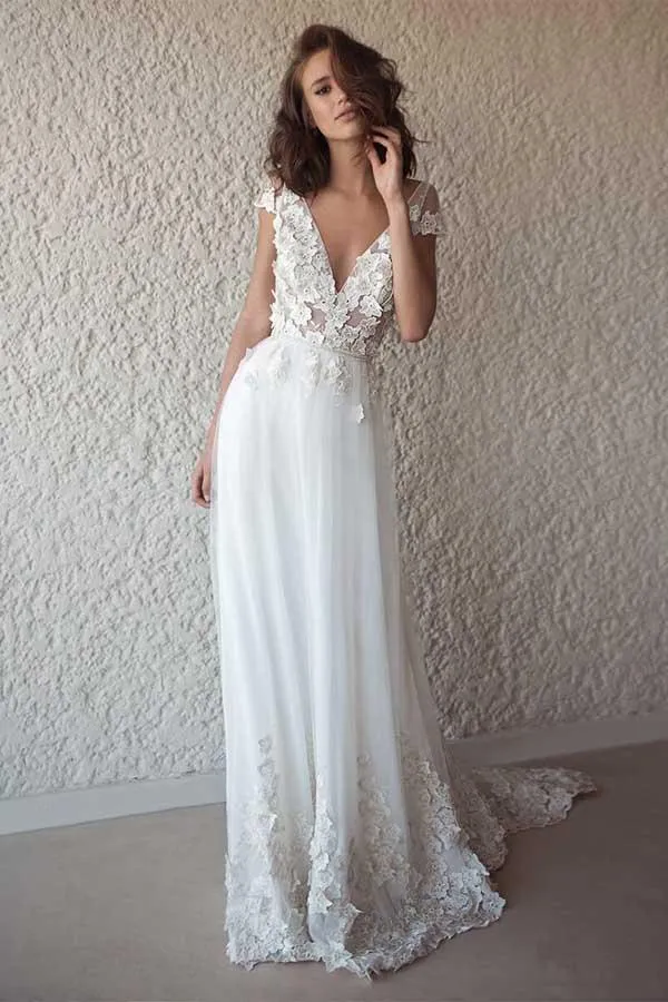 Boho Flowy See Through 3D Lace Appliques Summer Wedding Dress