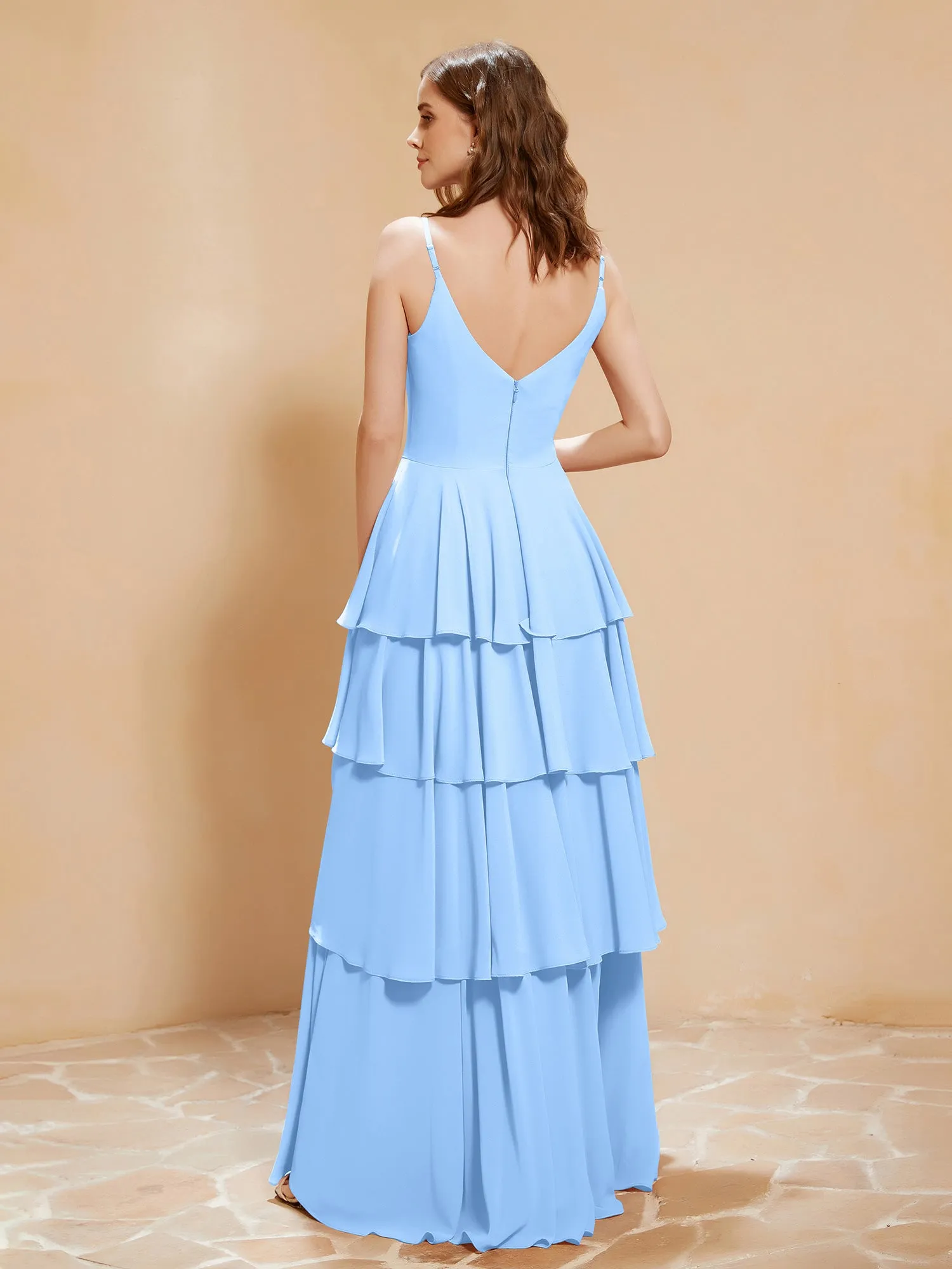 Boho V-neck Floor-length Dress Flowy Ruffles Sky Blue