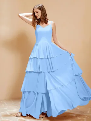 Boho V-neck Floor-length Dress Flowy Ruffles Sky Blue