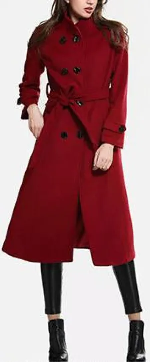 Double-Breasted Belted Wool Coat, Red