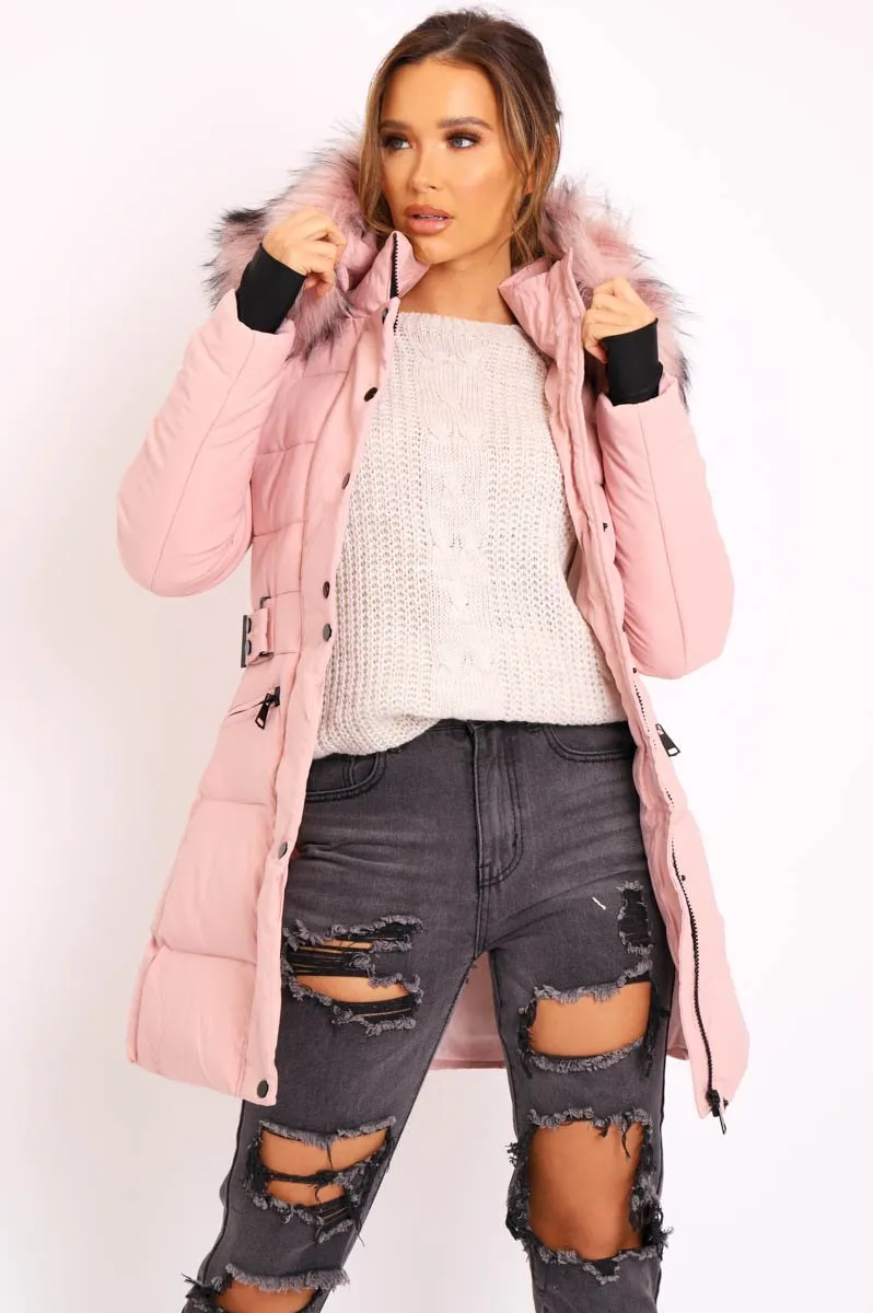 Dusty Pink Adjustable Waist Longline Puffer Coat - Zofia