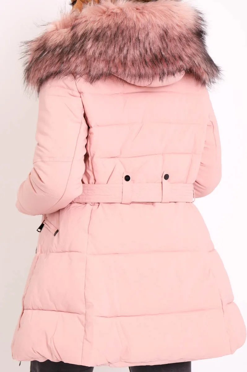 Dusty Pink Adjustable Waist Longline Puffer Coat - Zofia