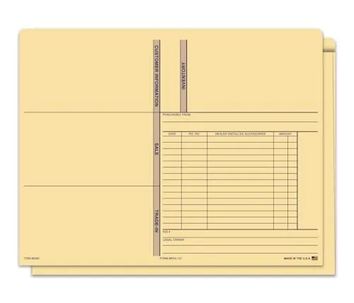 ERA Deal Jackets (ERA-121) - 12" x 9-3/8" with 1/2" Extension - 100# Heavy Duty Buff Stock (8 Pt.) - Automotive Deal Management and Document Organization - Shrink-Wrapped Packs