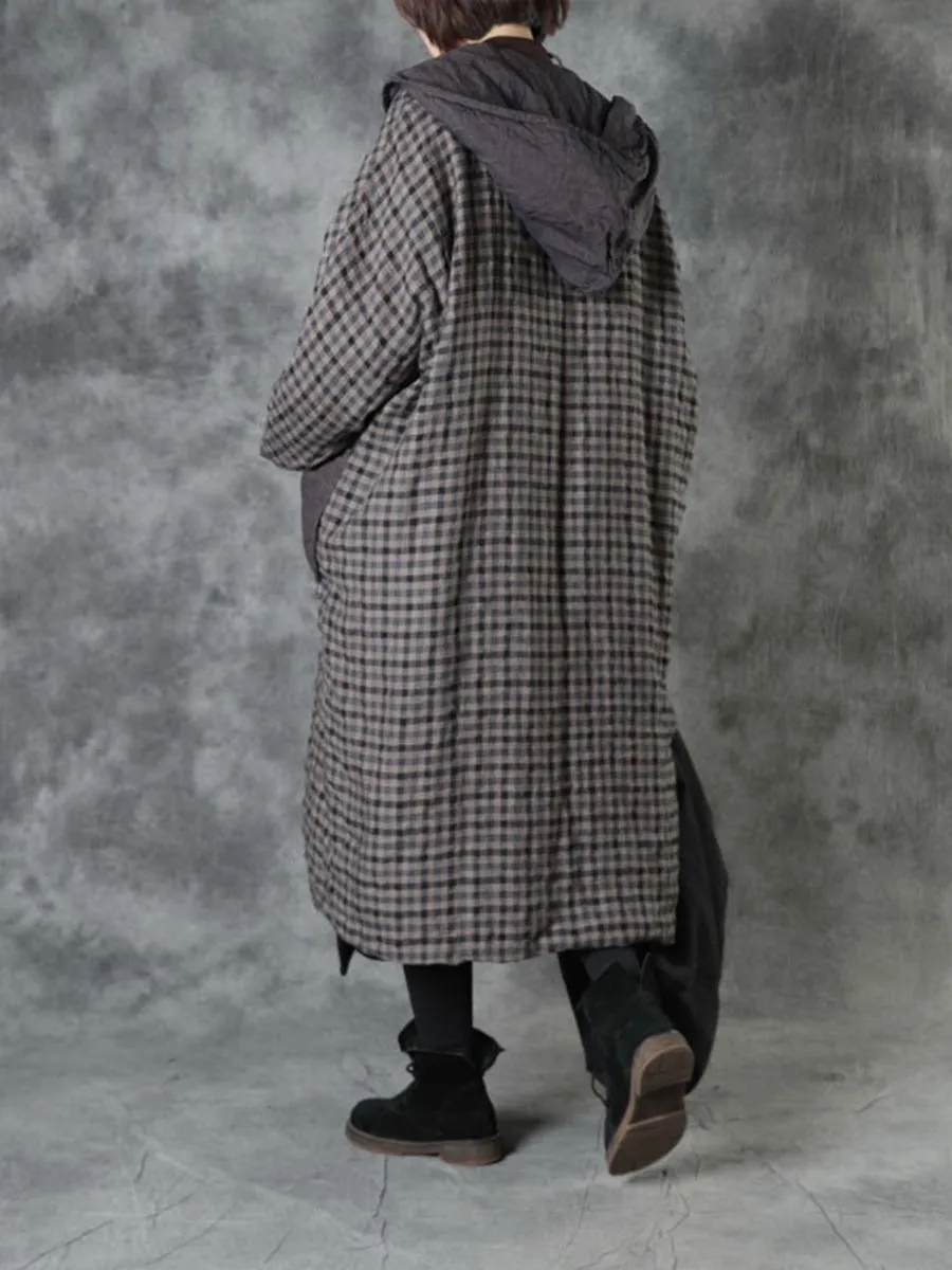 Fashion Casual Linen Check Hood Coat