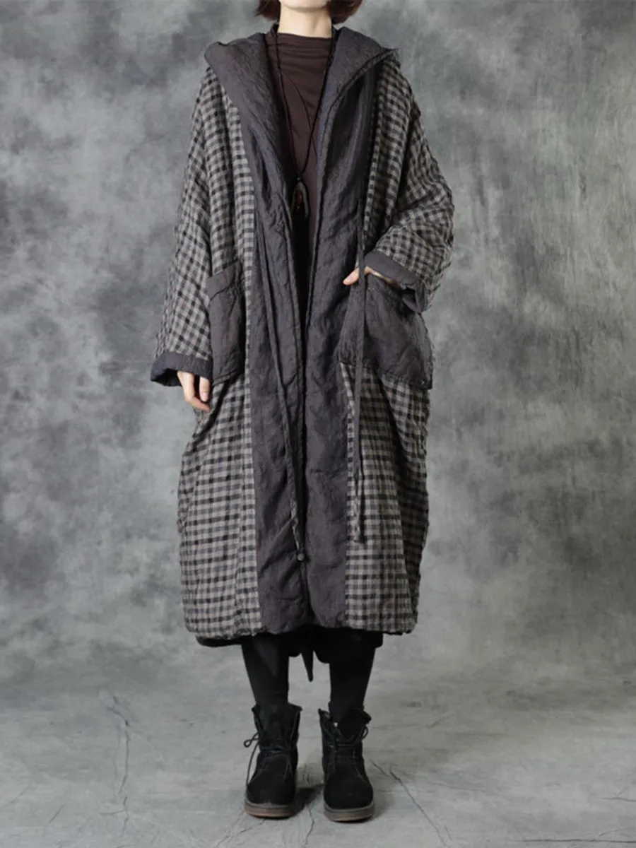 Fashion Casual Linen Check Hood Coat