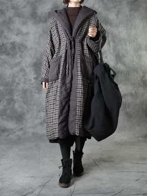 Fashion Casual Linen Check Hood Coat