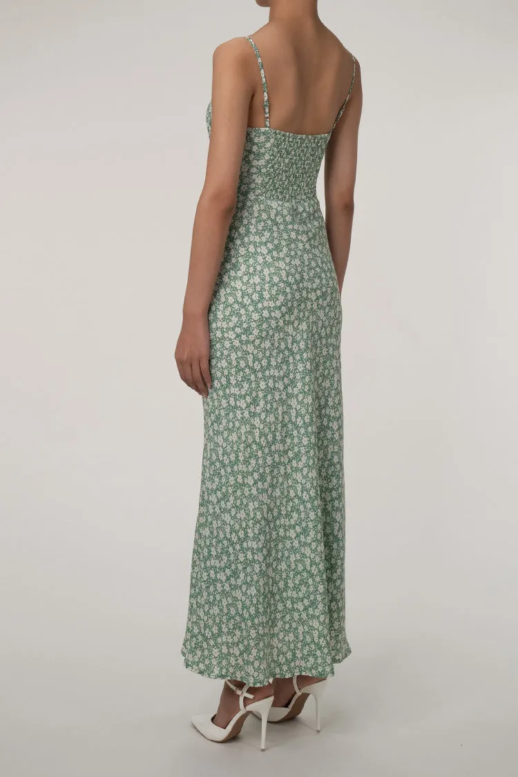 Flowy Bow Tie Pleated Sweetheart Smock Chiffon Floral Maxi Sundress