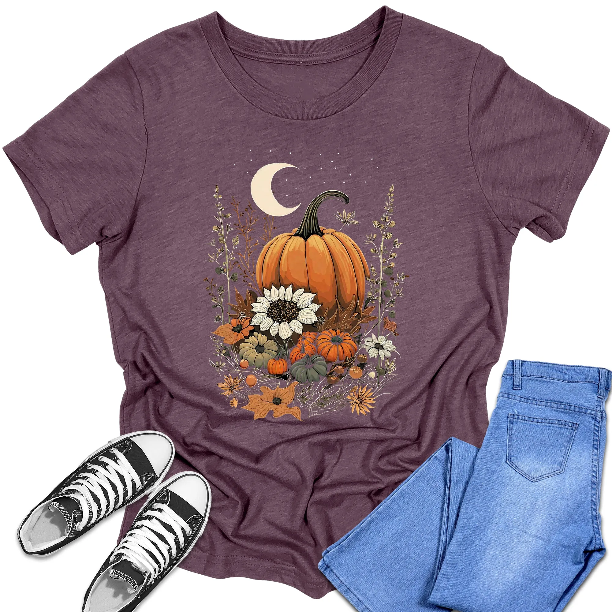 Girl's Short Sleeve Graphic Tees Cute Floral Moon Pumpkin Shirt Back To School Fall Tops