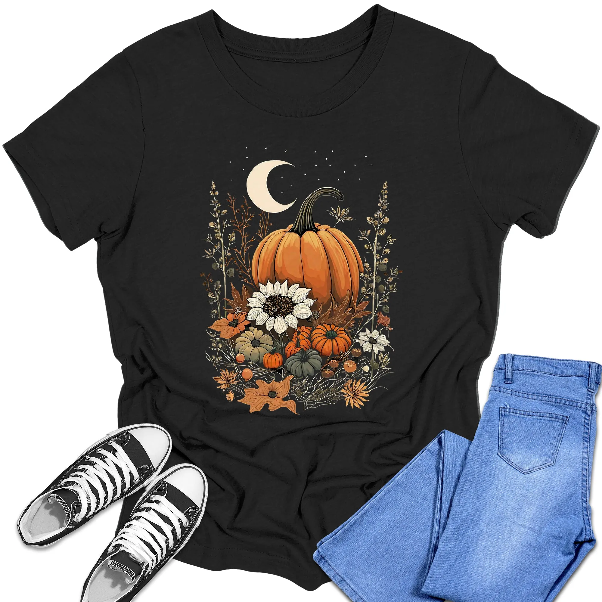 Girl's Short Sleeve Graphic Tees Cute Floral Moon Pumpkin Shirt Back To School Fall Tops