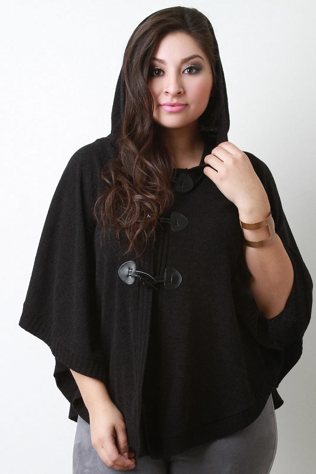 Hooded Knit Toggle Poncho