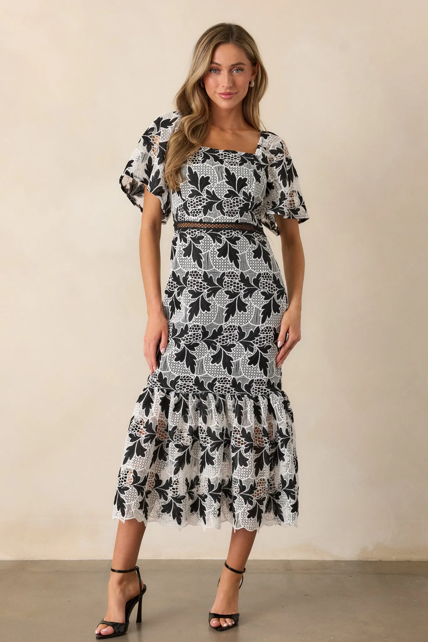 In This Moment Black & White Embroidered Midi Dress