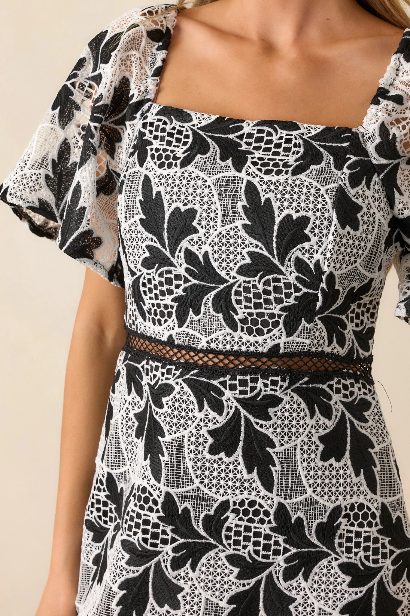 In This Moment Black & White Embroidered Midi Dress