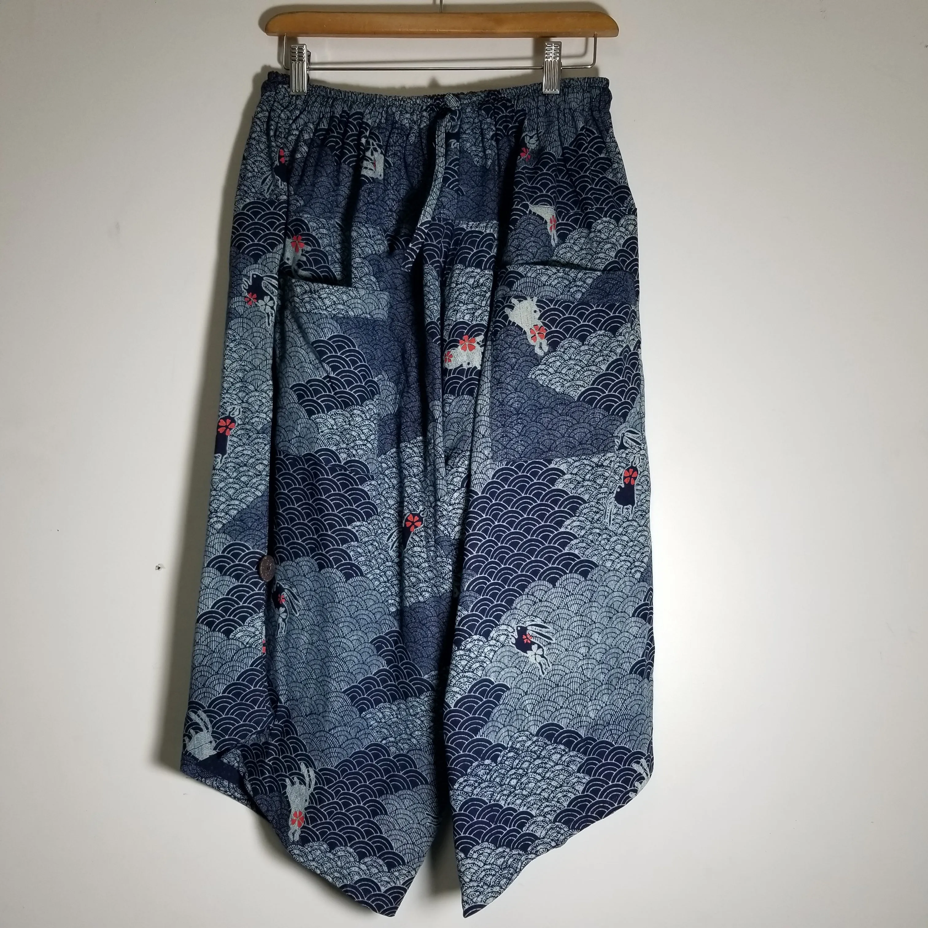 Indigo Bunny Waves Elastic Waist Drawstrings Samurai Pants