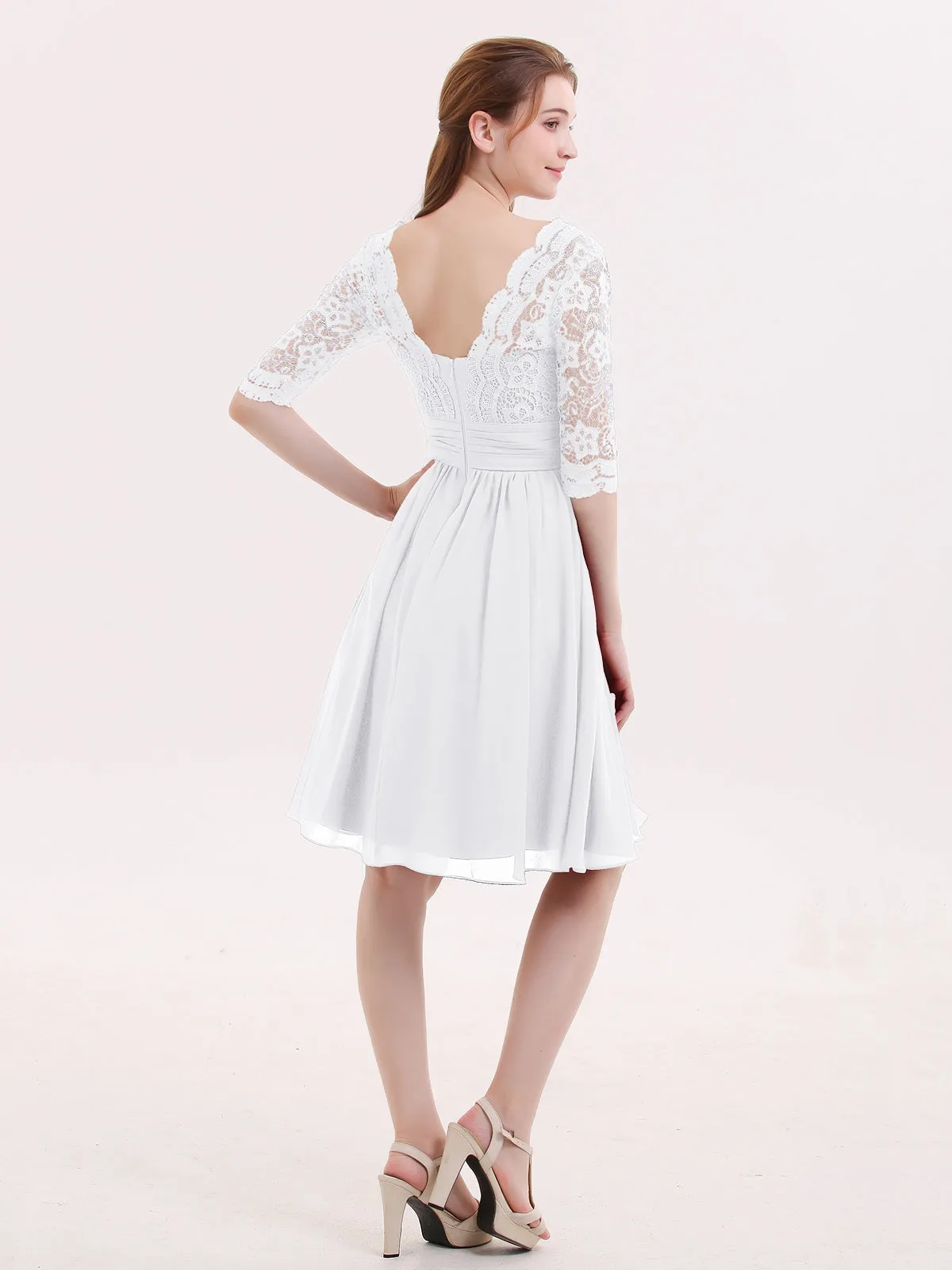 Lace and Chiffon Short Dress with Half Sleeves White