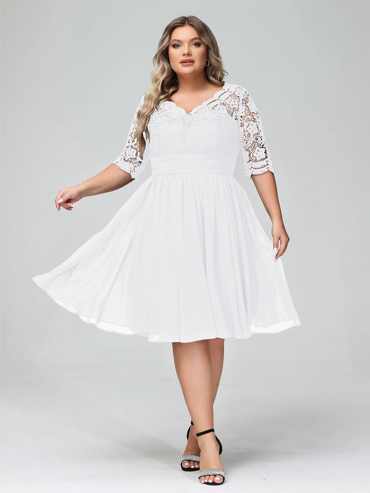 Lace and Chiffon Short Dress with Half Sleeves White