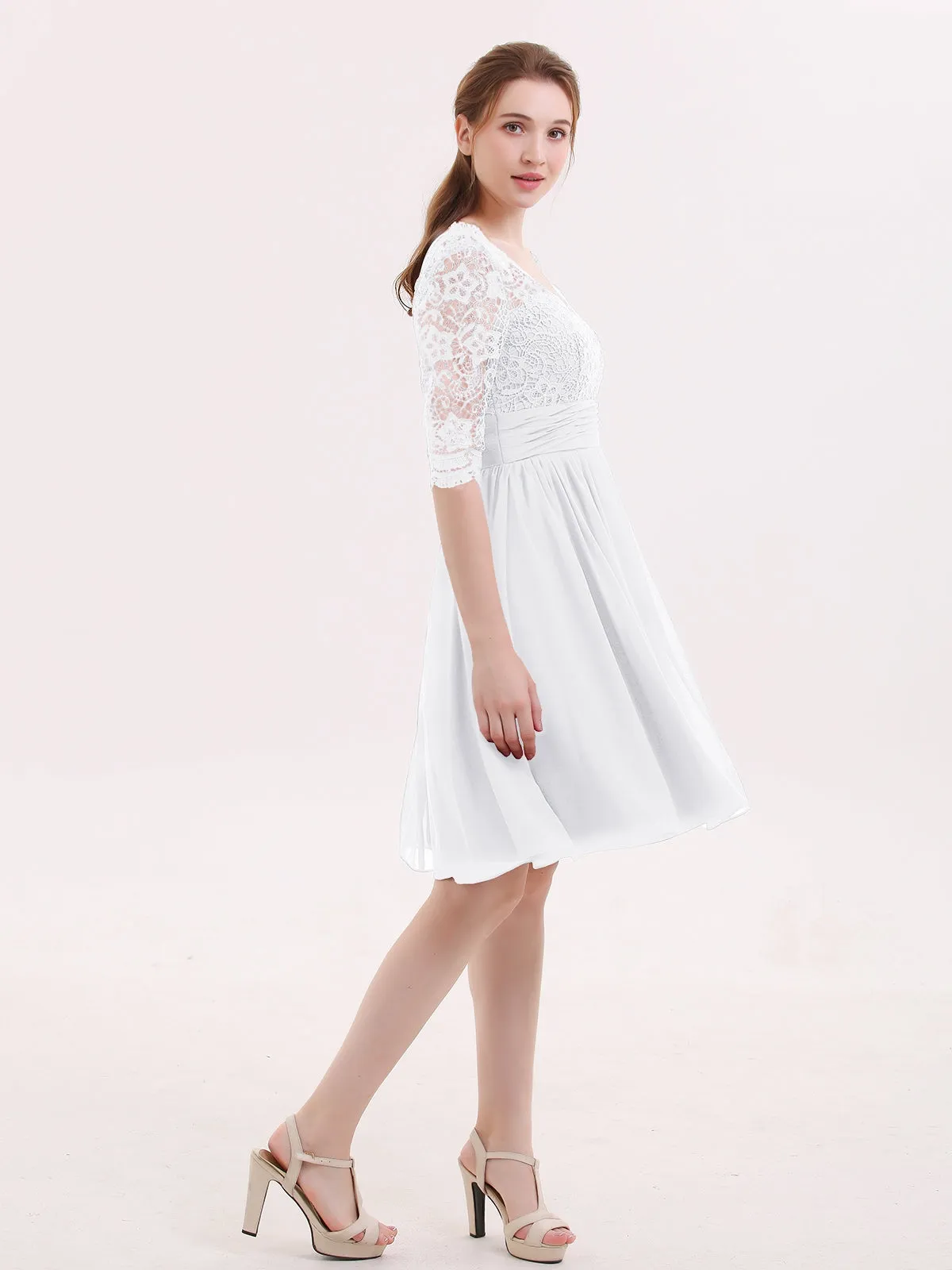 Lace and Chiffon Short Dress with Half Sleeves White