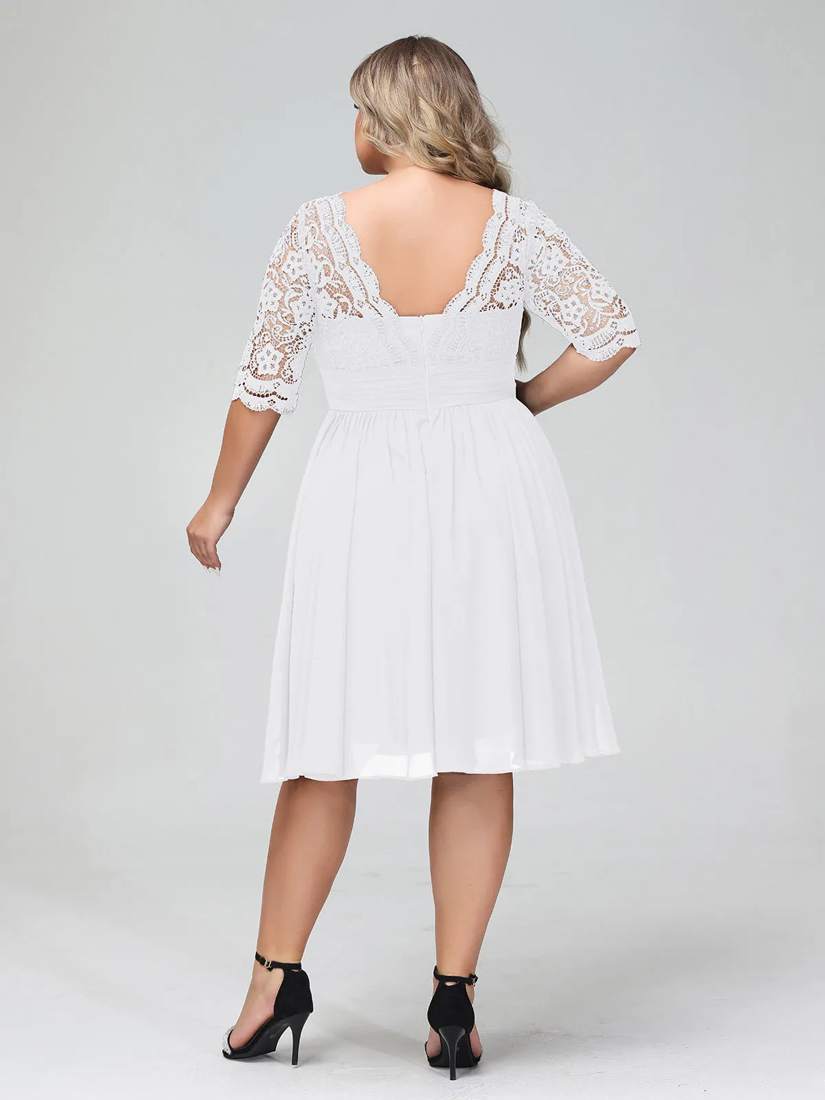 Lace and Chiffon Short Dress with Half Sleeves White