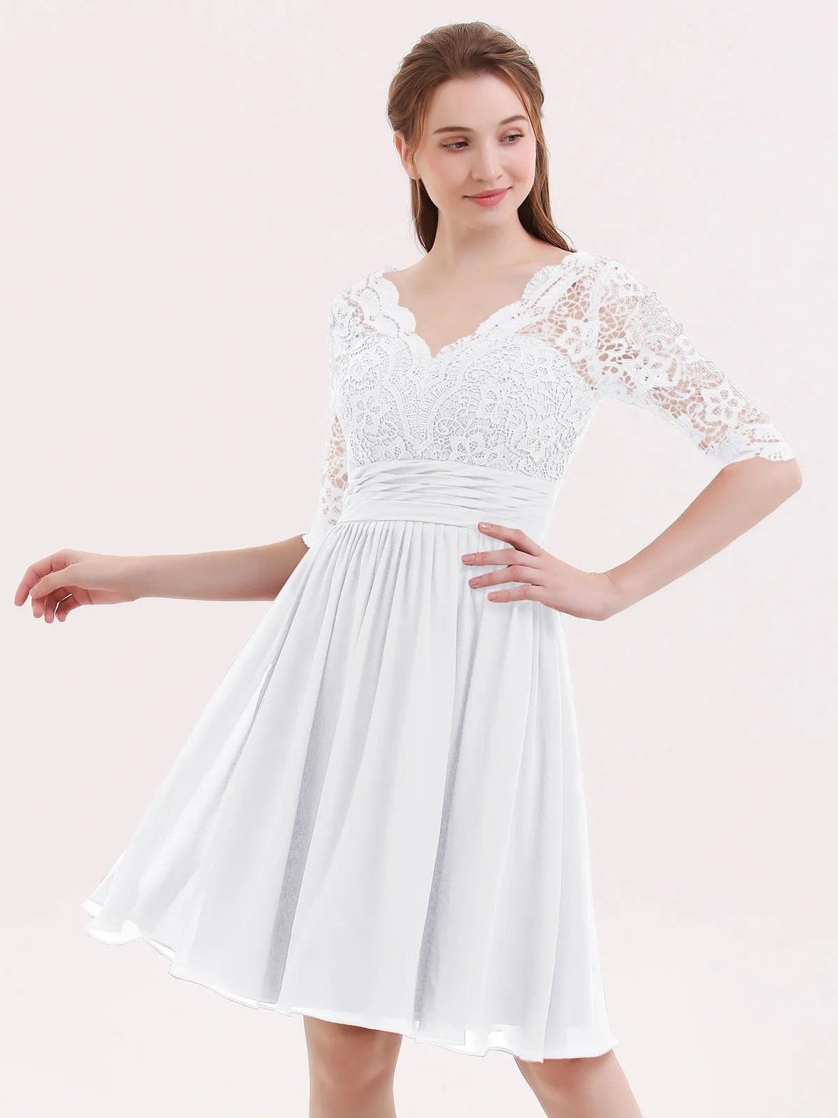 Lace and Chiffon Short Dress with Half Sleeves White