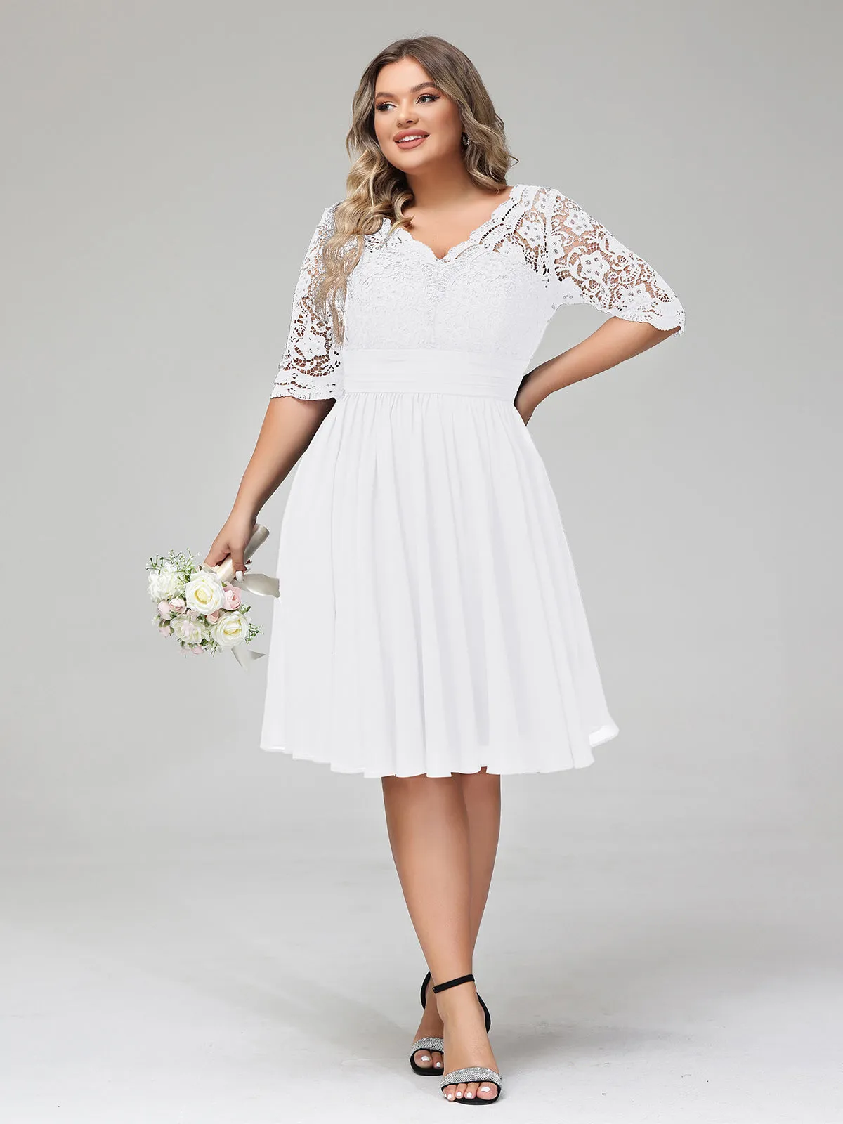 Lace and Chiffon Short Dress with Half Sleeves White