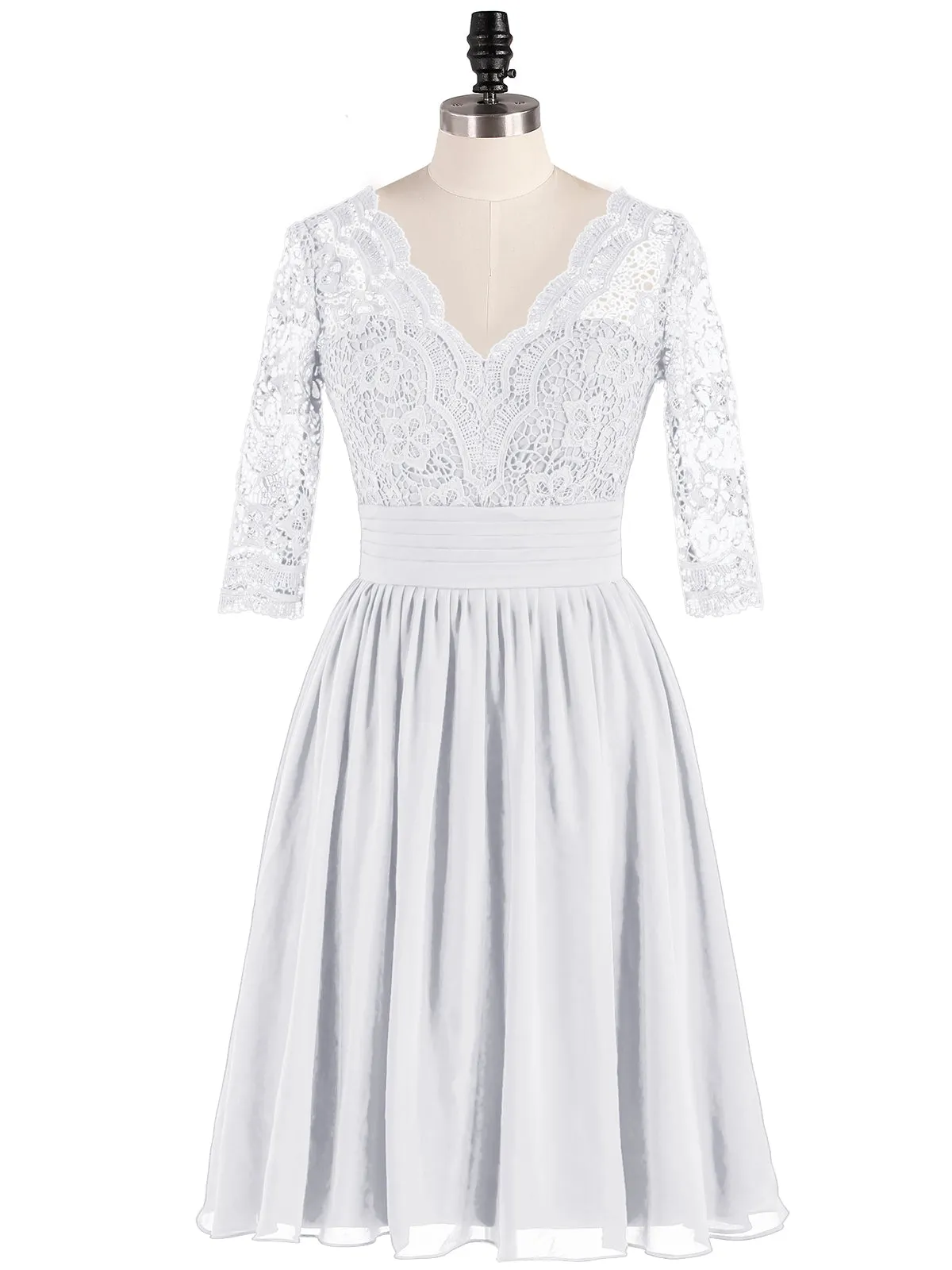 Lace and Chiffon Short Dress with Half Sleeves White