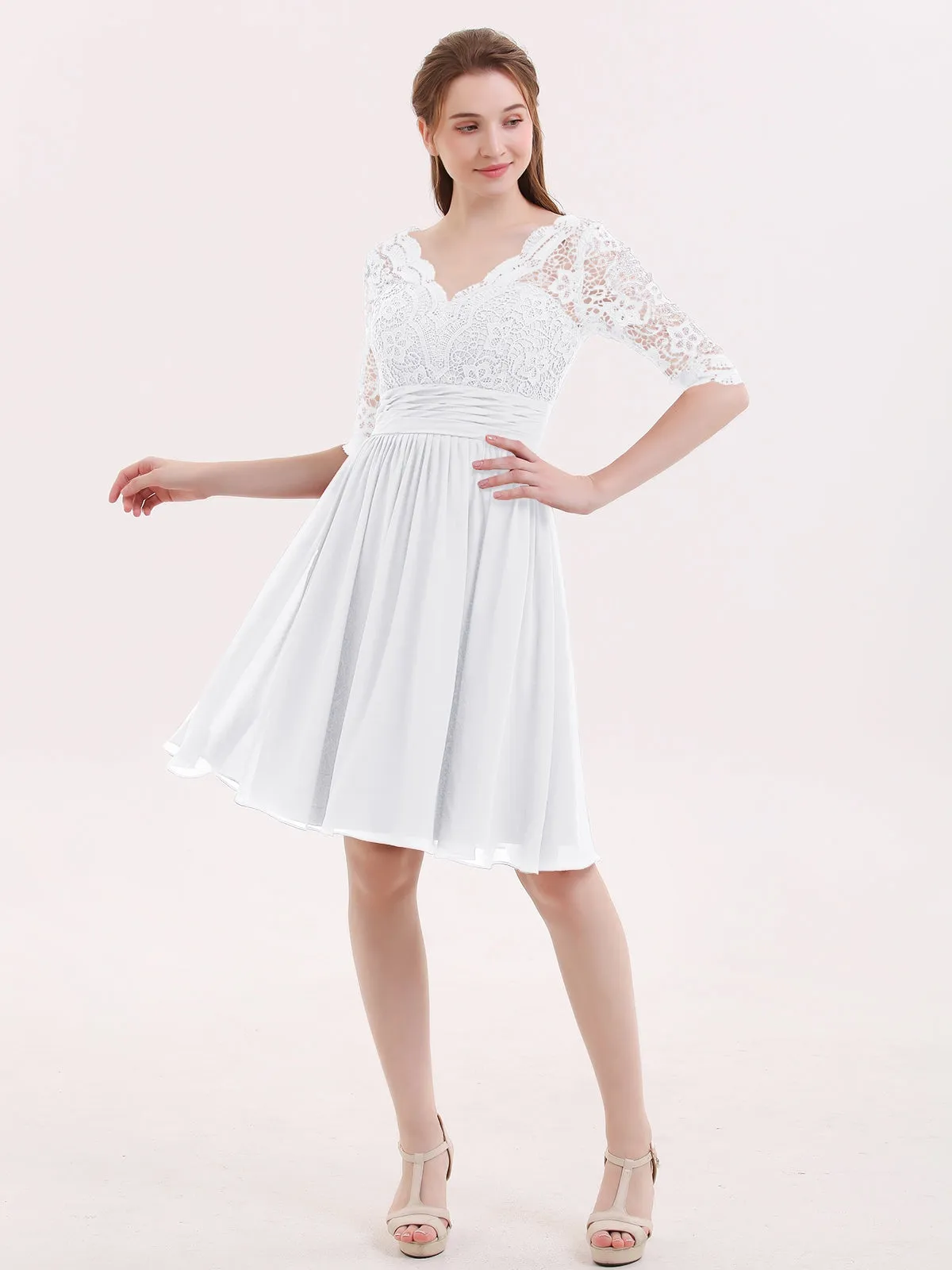 Lace and Chiffon Short Dress with Half Sleeves White