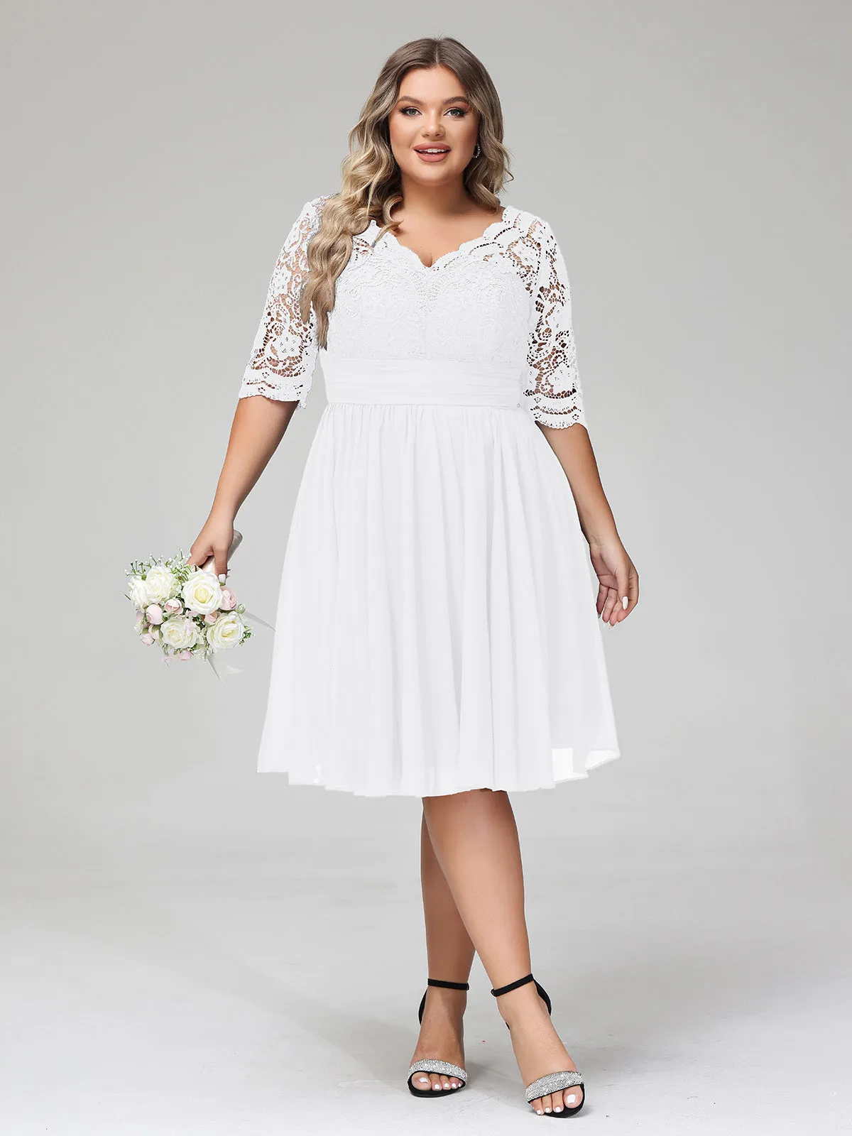 Lace and Chiffon Short Dress with Half Sleeves White