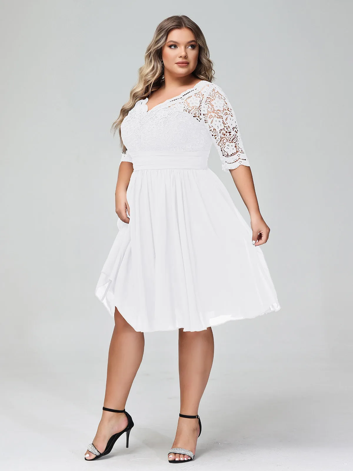 Lace and Chiffon Short Dress with Half Sleeves White