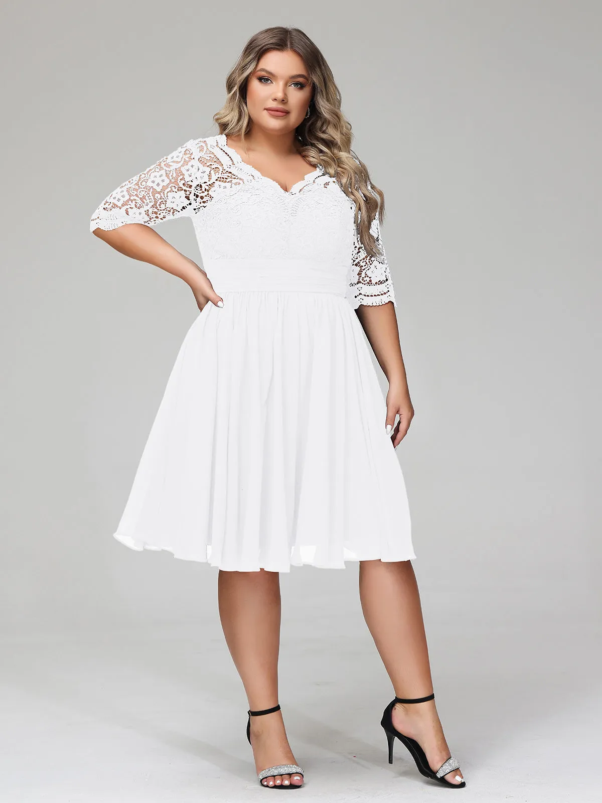 Lace and Chiffon Short Dress with Half Sleeves White