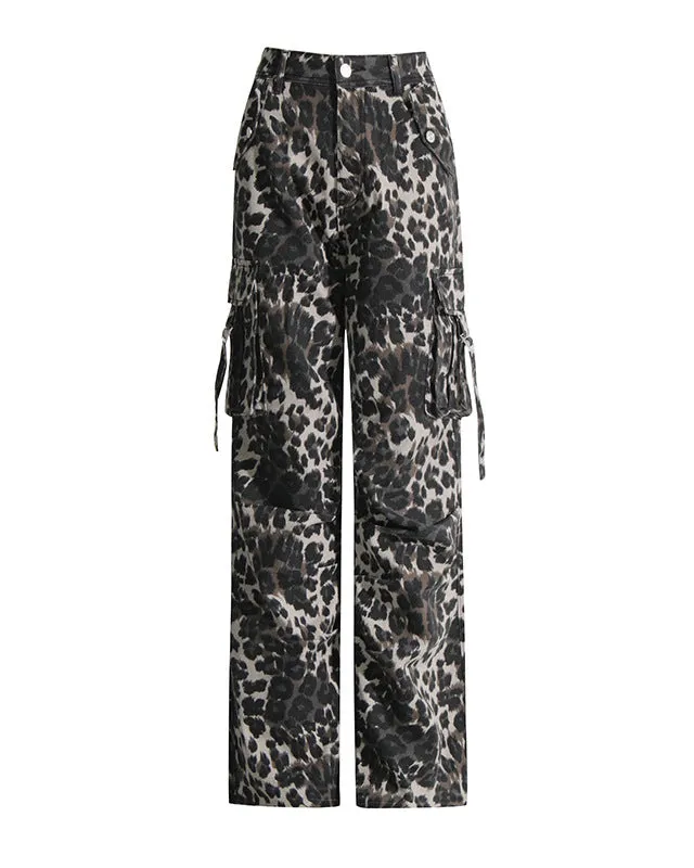 Leopard Print High-Rise Straight-Leg Cargo Pants With Pocket Jeans