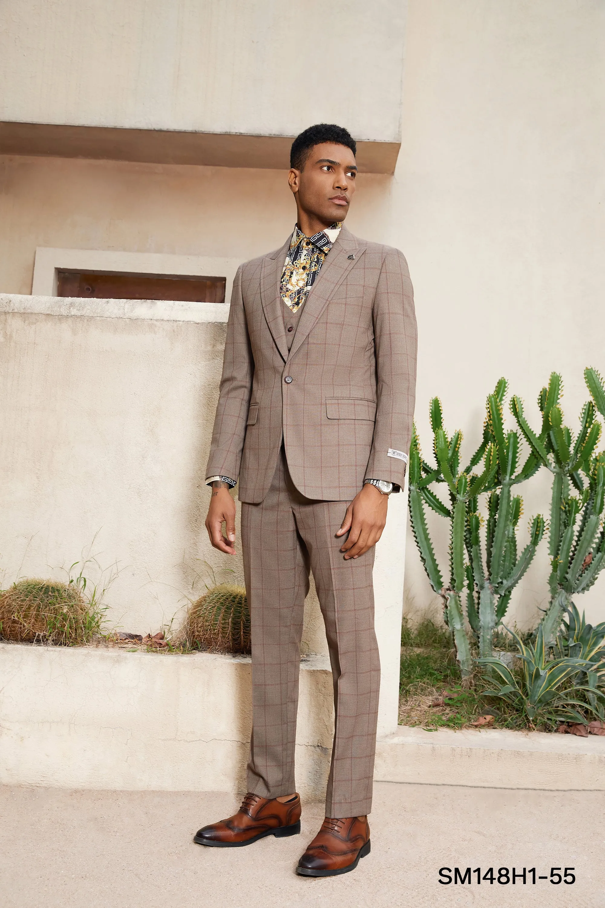 Light Brown Windowpane 3 PC Stacy Adams Suit