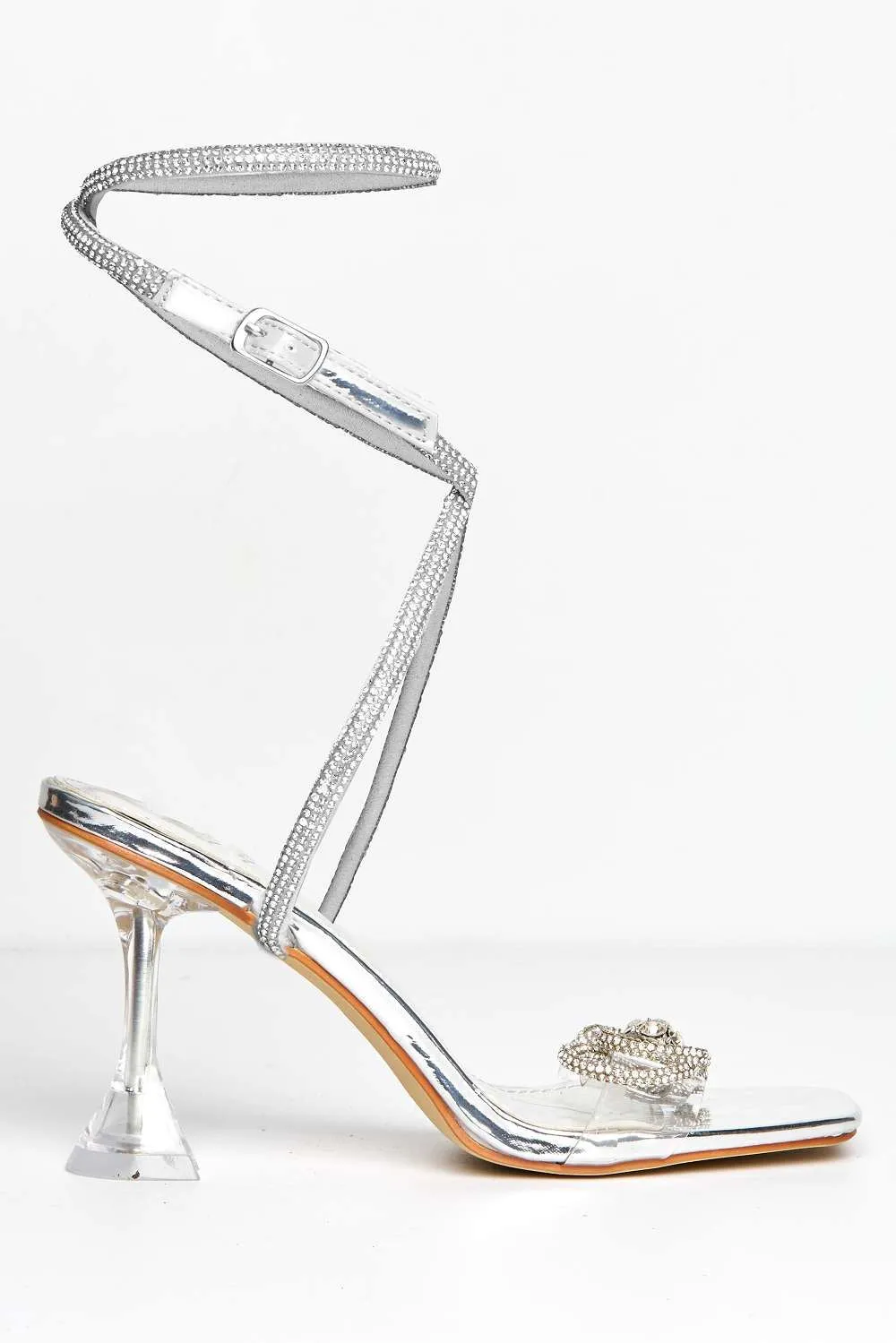 Lollie Diamante Bow Detail Ankle Strap Perspex Band Heeled Sandals in Silver