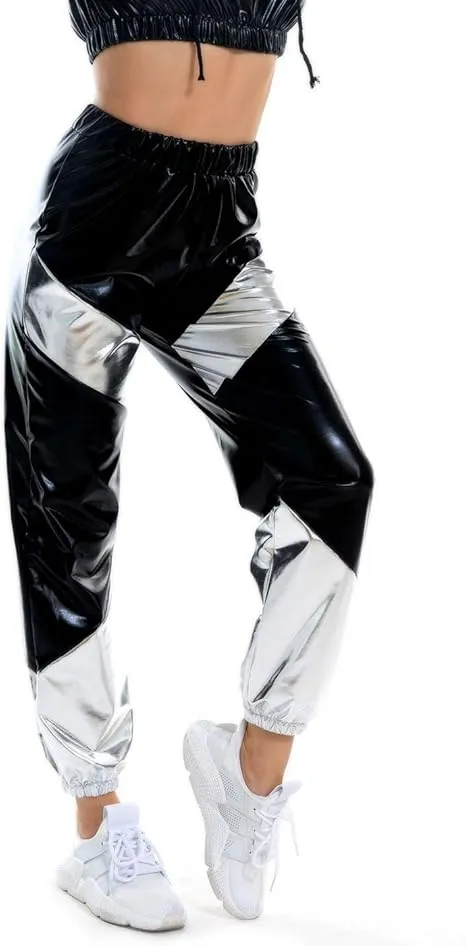 Metallic Silver-Blue Elastic Jogger Pants