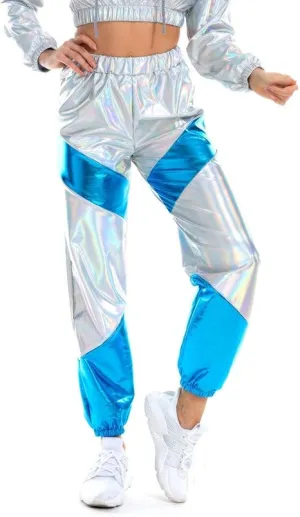 Metallic Silver-Blue Elastic Jogger Pants