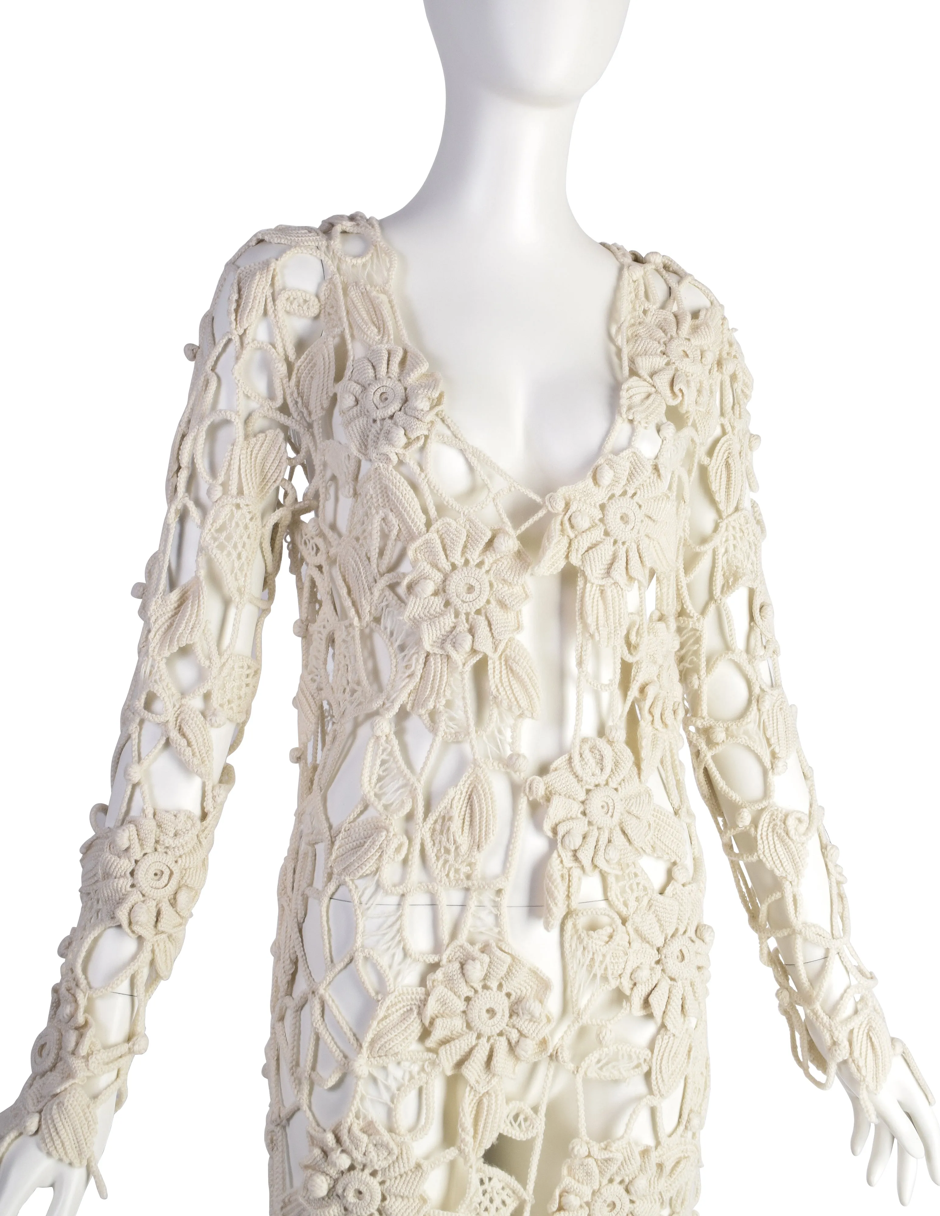 Mitsuhiro Matsuda Vintage Early 1990s Cream Crochet and Open Knit Duster Cardigan Sweater