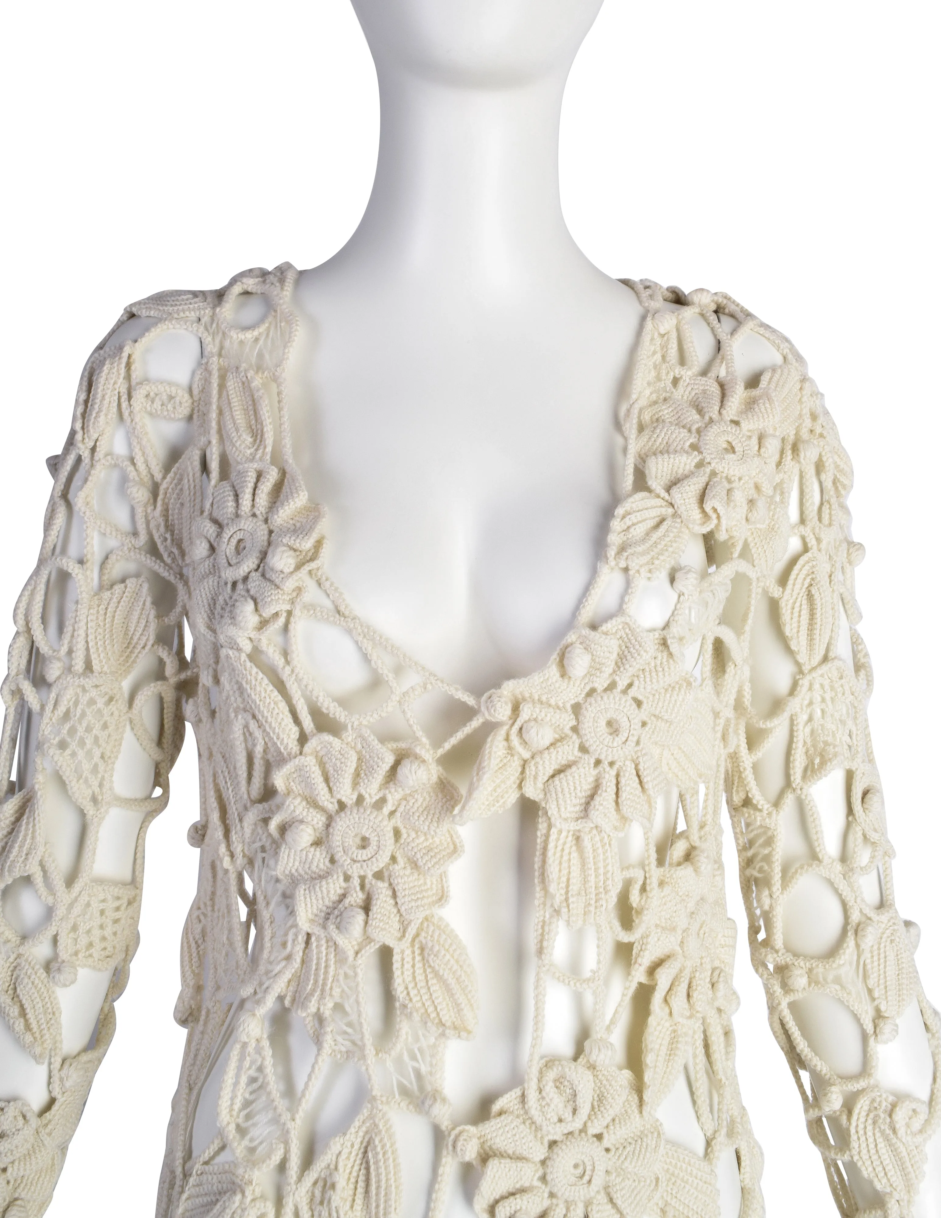 Mitsuhiro Matsuda Vintage Early 1990s Cream Crochet and Open Knit Duster Cardigan Sweater