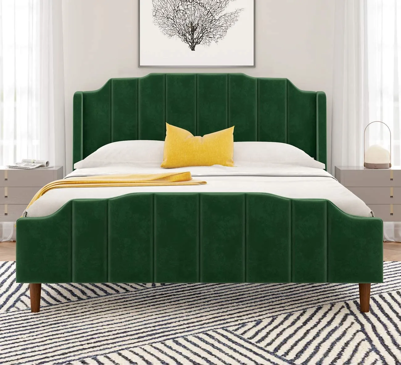 Modern Curved Wood Bed Frame with Upholstered Wingback Headboard