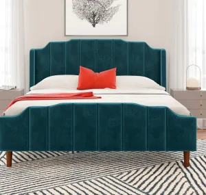 Modern Curved Wood Bed Frame with Upholstered Wingback Headboard