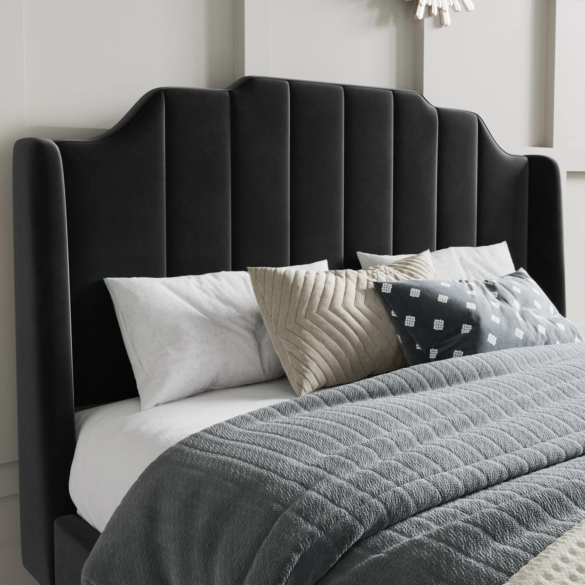 Modern Curved Wood Bed Frame with Upholstered Wingback Headboard