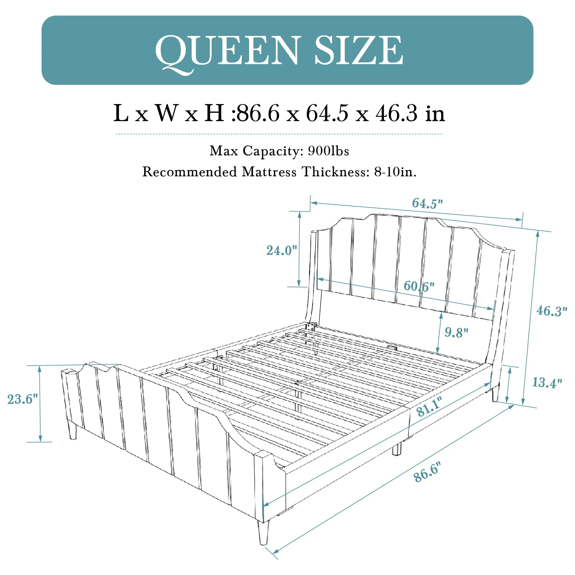 Modern Curved Wood Bed Frame with Upholstered Wingback Headboard