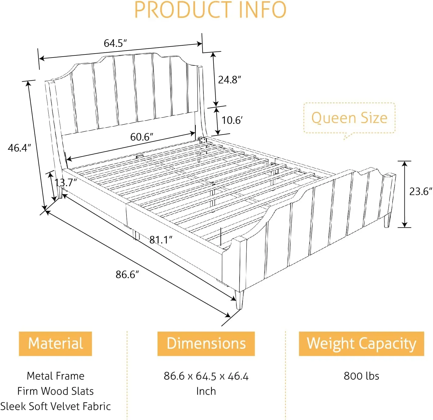 Modern Curved Wood Bed Frame with Upholstered Wingback Headboard